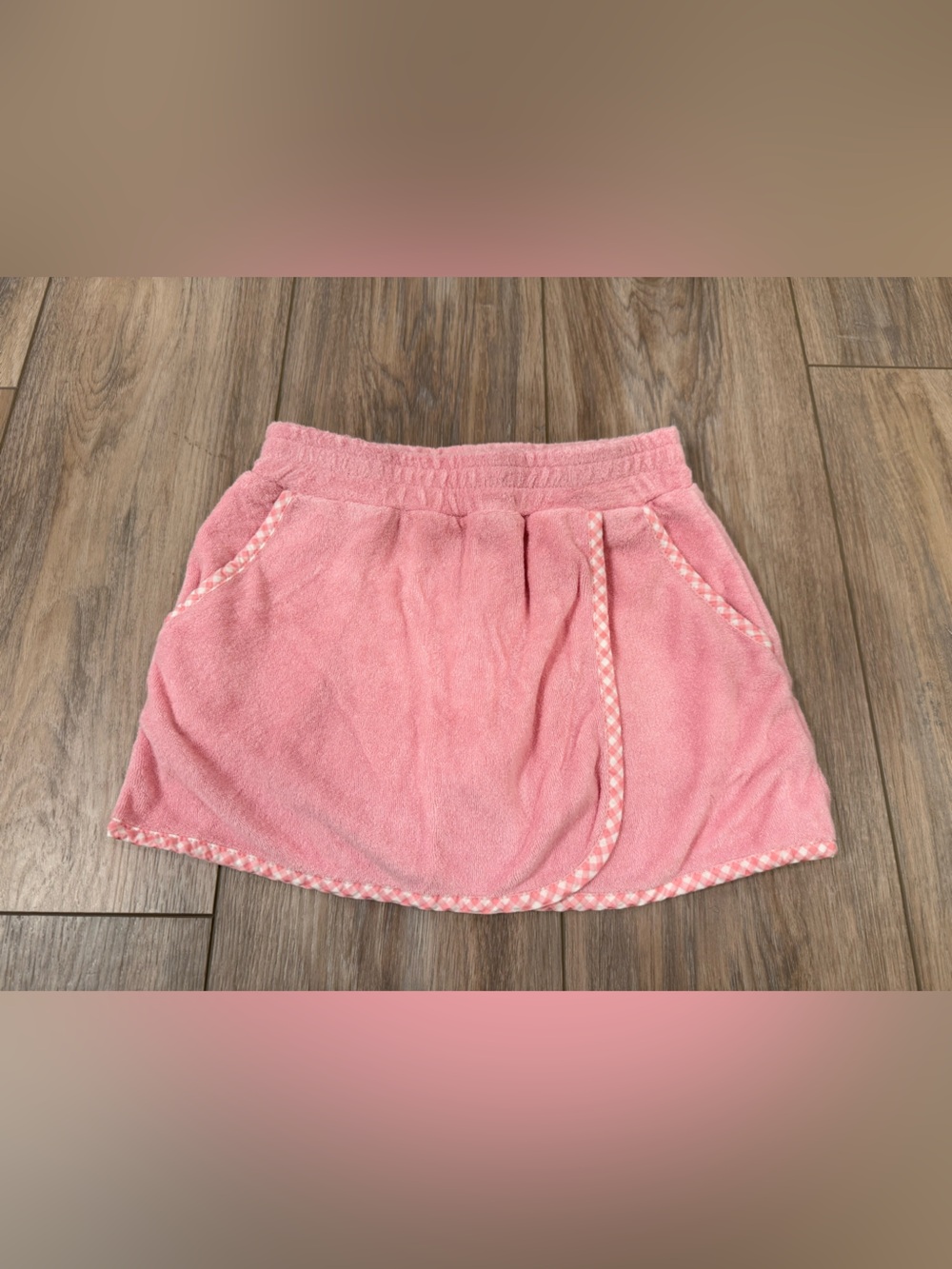 Girls Pink Terry Cloth Skort with Gingham Trim